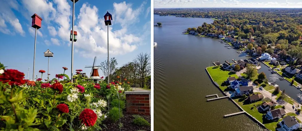 Windmill Island Gardens on the left and the view of Lake Macatawa on the right.