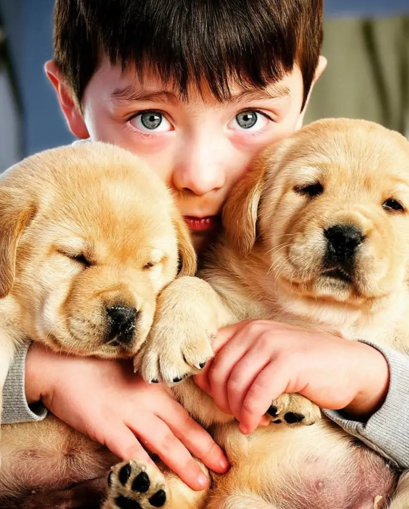 A boy hugging two labrador retriever puppies