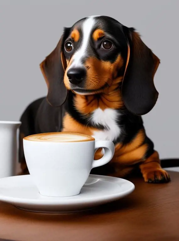 A cute dog sitting infront of a cup of coffee