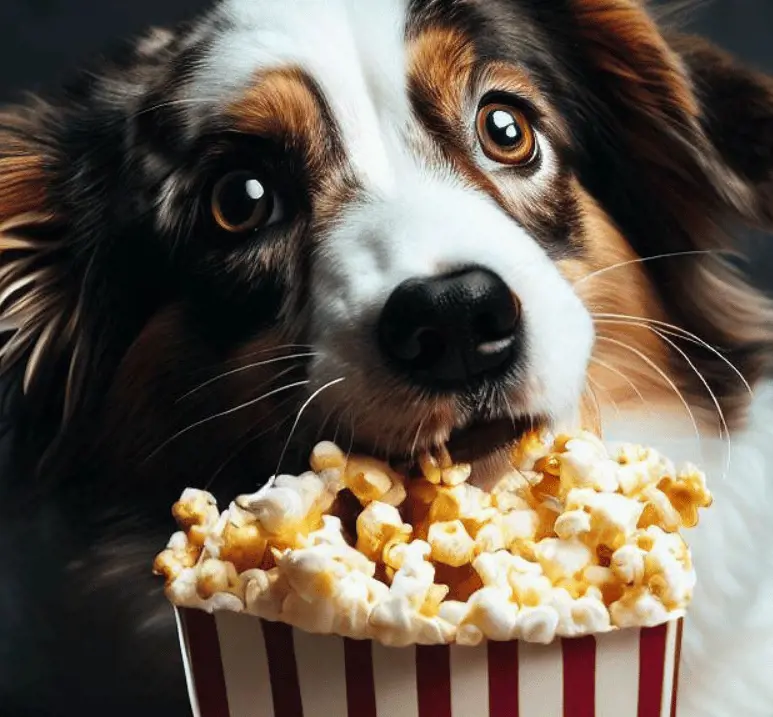 Dog infront of a movie popcorn