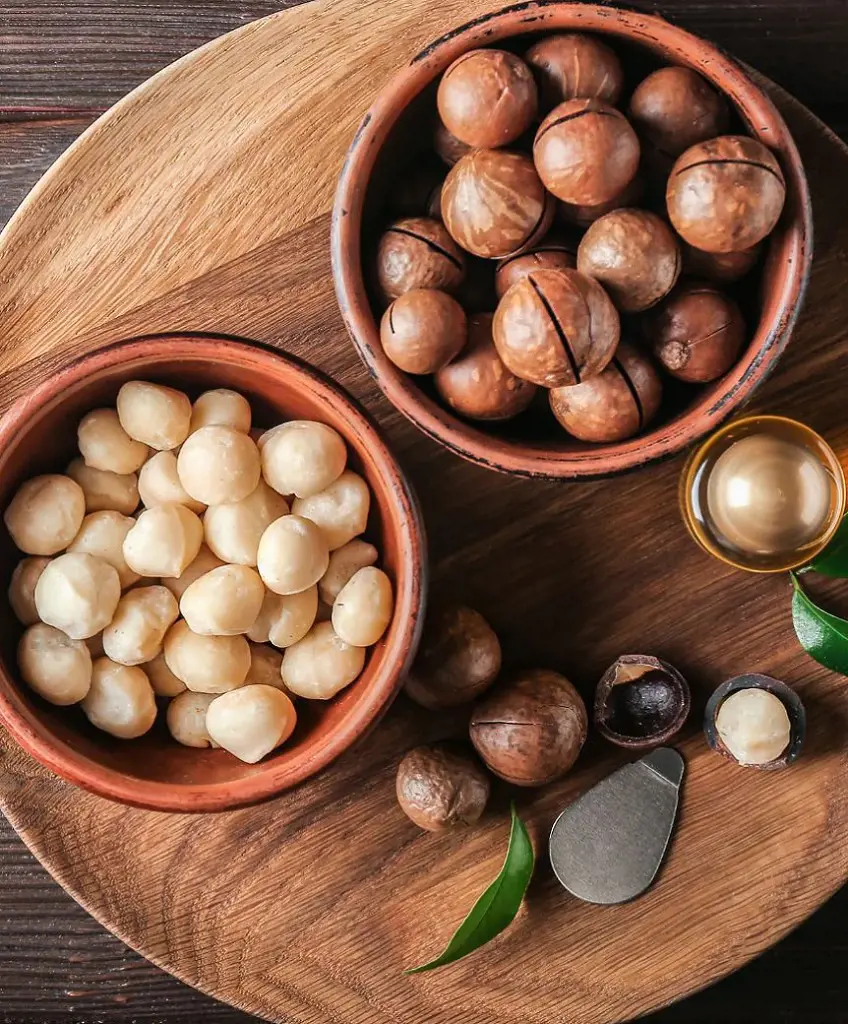 Macedemia nuts shelled and unshelled kept together in different bowls