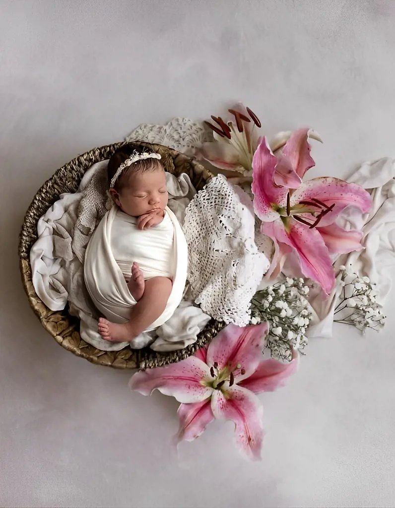 A newborn baby is photographed in a basket with a lily flower placed beside them creating a beautiful image