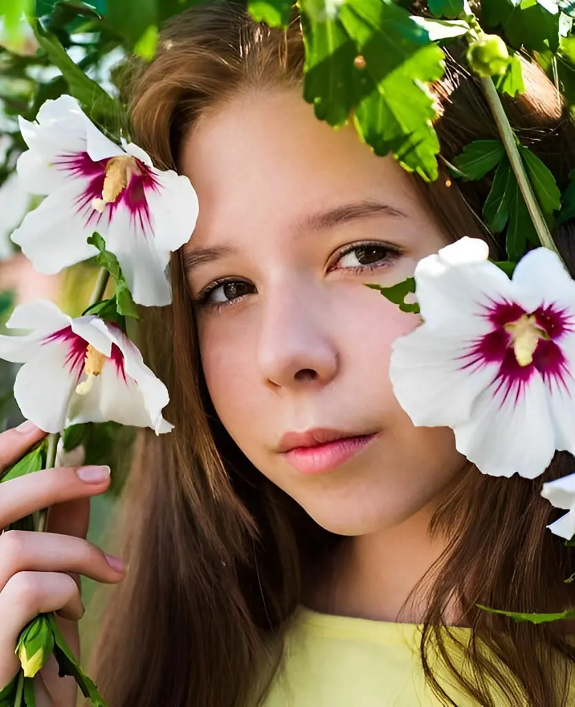 The cheerful child looks pretty standing next to the blooming hibiscus tree