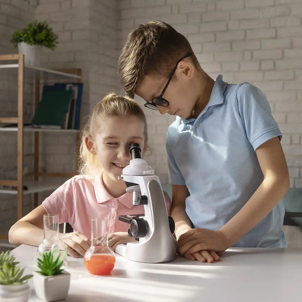 Two young students looking through microscope at school.