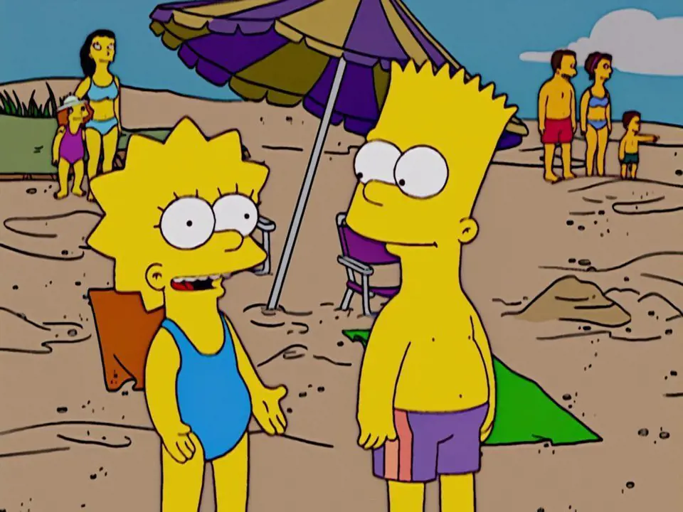 Lisa and Bart attired in a swim costumes as they enjoy their beach time