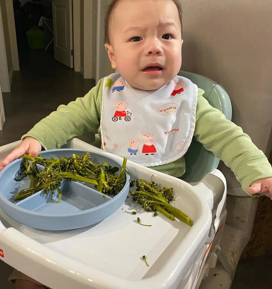 Baby getting introduced to broccoli