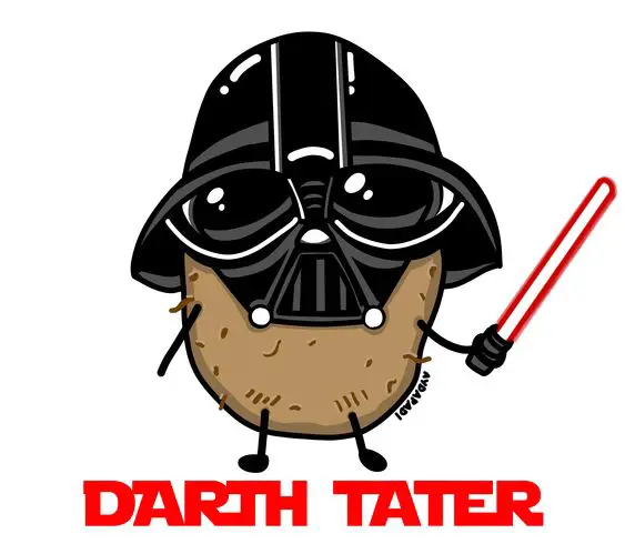 A picture showing potato wearing Darth Vader costume while holding Light Saber.