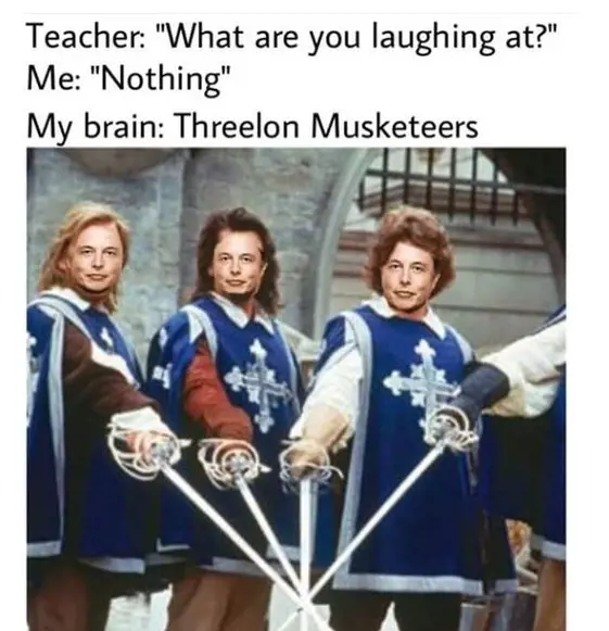 An image showing three Elon Musk as Threelon Musketeers.