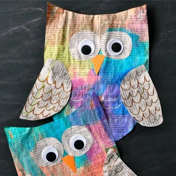 Recycled newspaper to create a paper owl